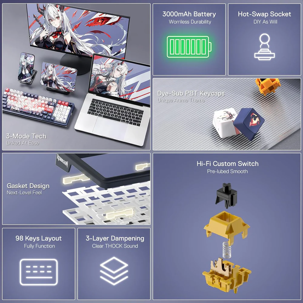 Eisa Pro K686 Pro Wired+2.4Ghz+BT Mechanical Keyboard Anime Theme (Custom Hi-Fi Linear Switch) - Image 11